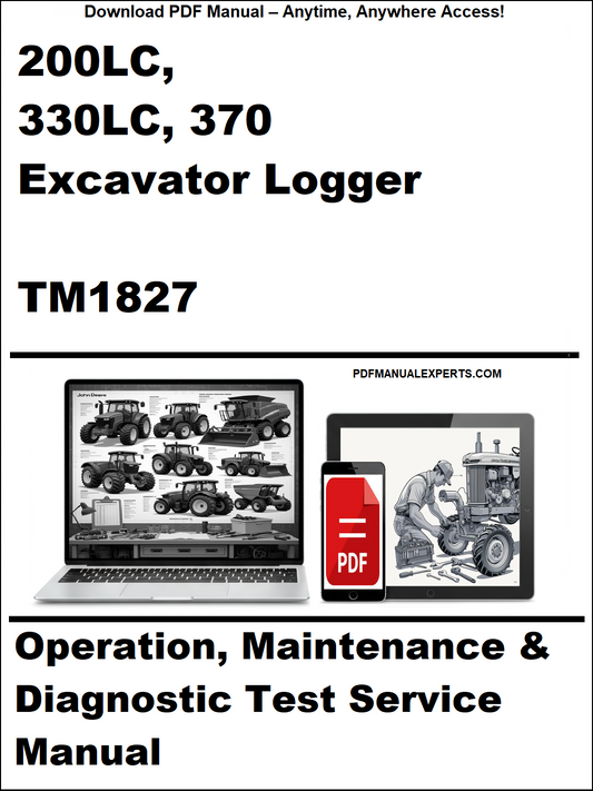 Manual cover for 200LC, 330LC, 370 Excavator Logger TM1827 with laptop and truck images.