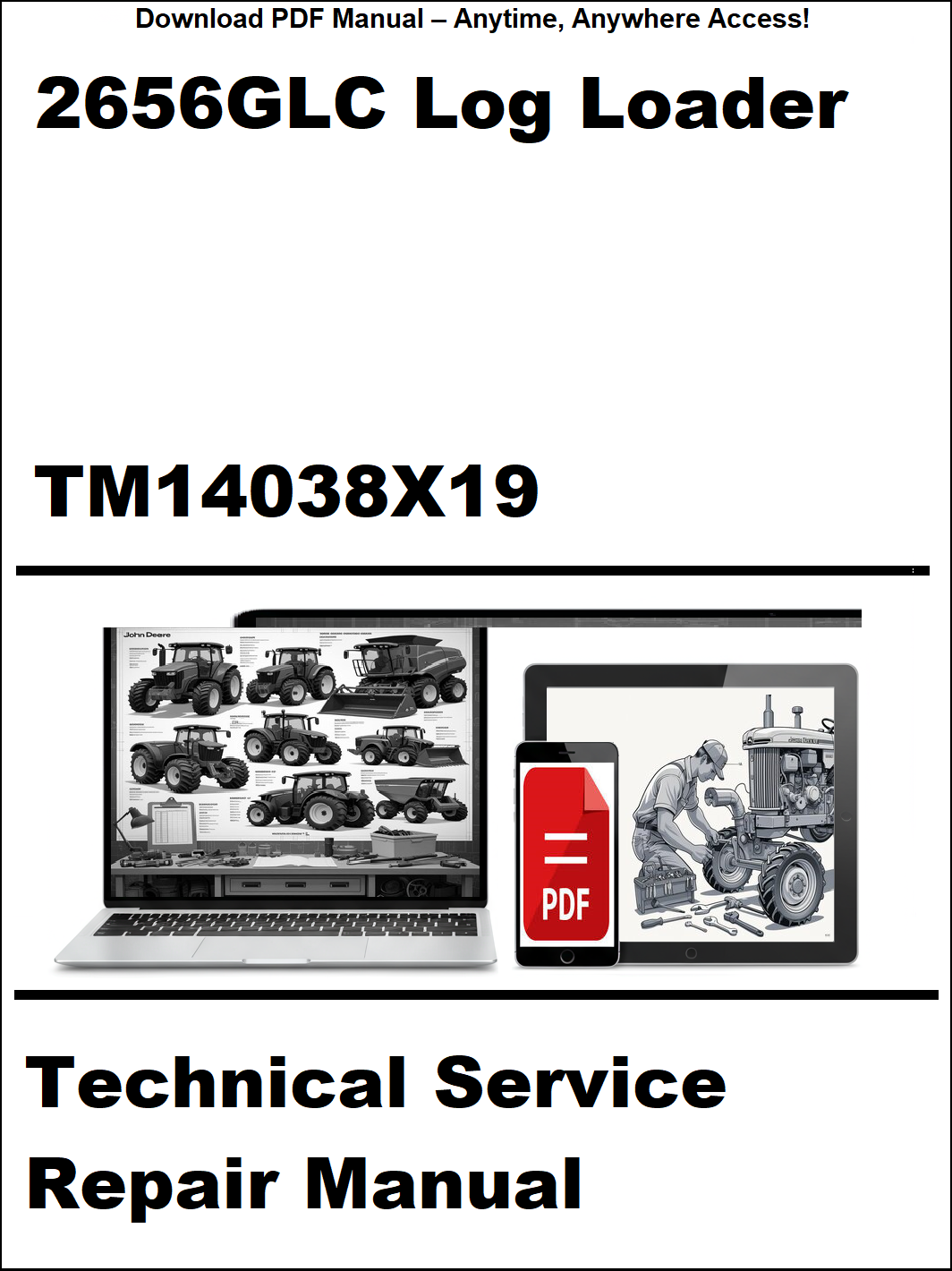 Technical service repair manual for 2656GLC Log Loader with digital device and laptop illustration on a white background.