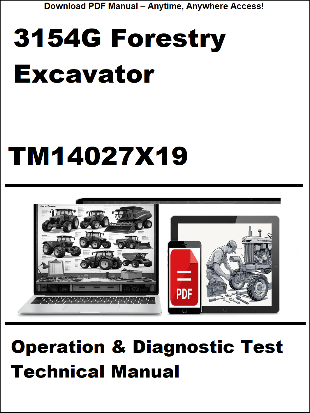 Cover of a technical manual for a forestry excavator with laptop and smartphone graphics.