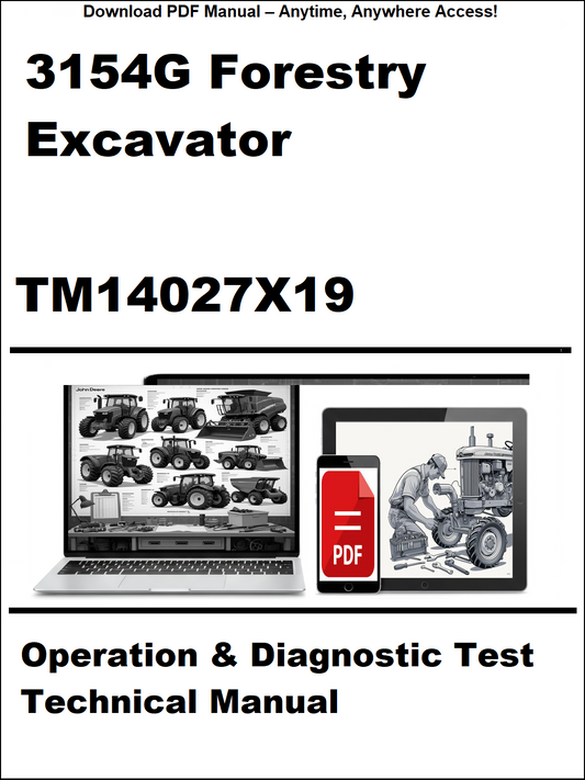 Cover of a technical manual for a forestry excavator with laptop and smartphone graphics.