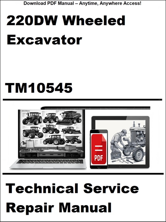 Technical service repair manual for 220DW wheeled excavator with digital device and laptop illustration on a white background.