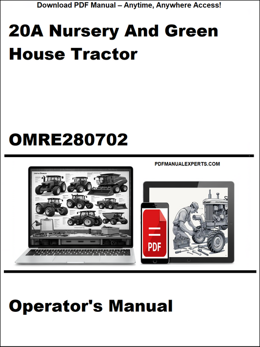 Operator's manual for 20A Nursery and Greenhouse Tractor with laptop and tractor images on a white background.