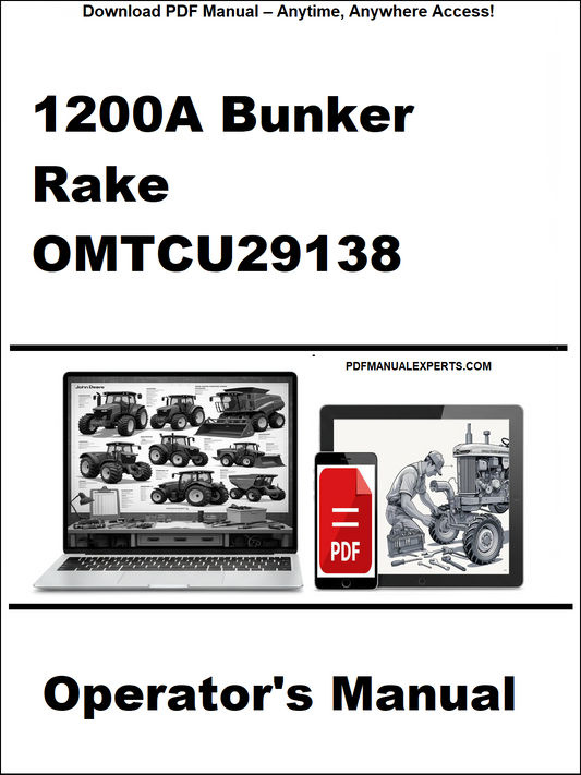 Operator's manual for 1200A Bunker Rake OMTCU29138 with a laptop and toolbox graphic on a white background.