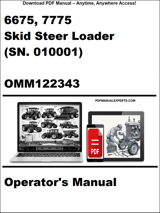 Operator's manual cover for a skid steer loader with technical illustrations and device icons.
