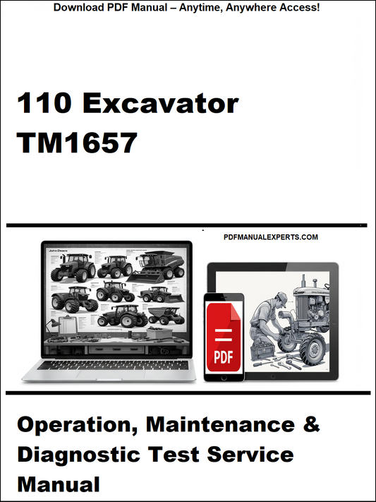 Advertisement for a service manual on a 110 Excavator TM1657 with a laptop and toolbox graphic.