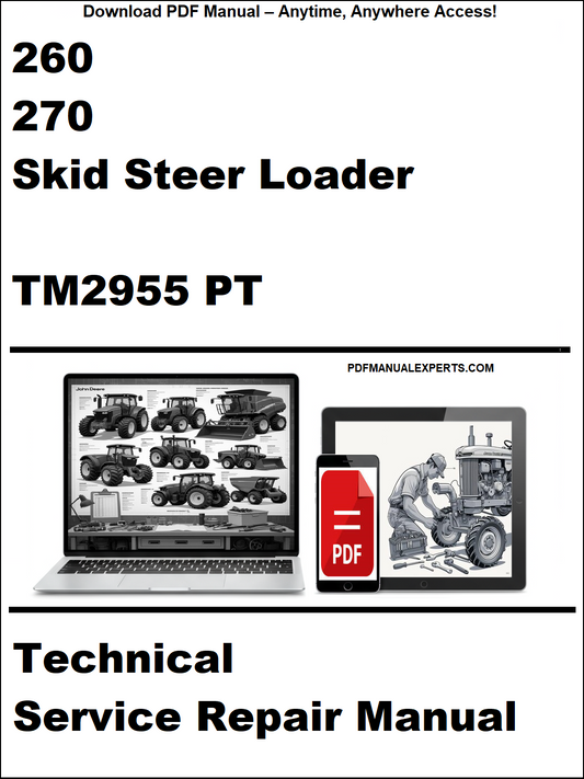 Technical service repair manual for 260 and 270 skid steer loader with TM2955 PT on a white background.