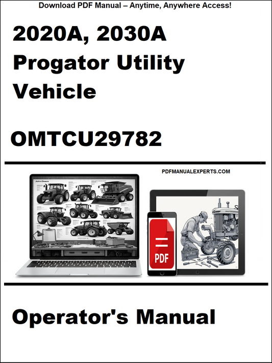 Operator's manual cover for 2020A, 2030A Progator Utility Vehicle with digital device and laptop illustration.