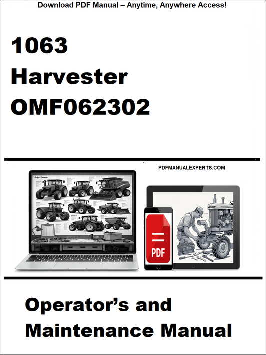 Cover of a manual for a 1063 Harvester with a laptop and truck illustration on a white background.