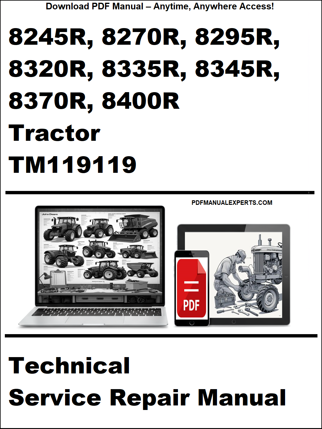 Advertisement for a technical service repair manual for John Deere tractors on a white background.