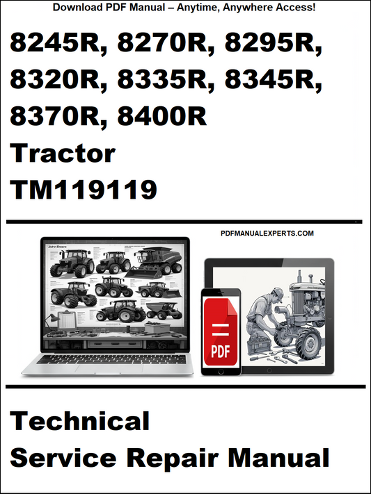 Advertisement for a technical service repair manual for John Deere tractors on a white background.