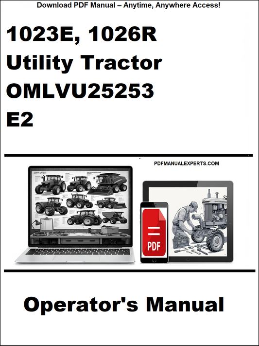 Operator's manual for John Deere 1023E and 1026R utility tractors on a white background