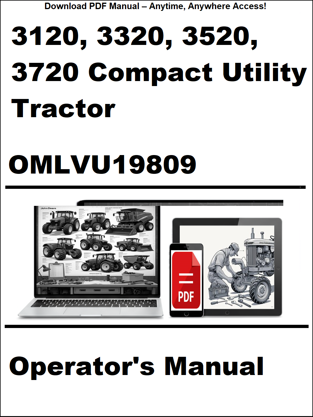 Cover of the operator's manual for 3120, 3320, 3520, 3720 Compact Utility Tractor with digital device icon.