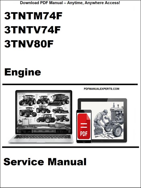 Service manual cover for 3TNTM74F, 3TNTV74F, and 3TNV80F engines with a laptop and toolbox graphic.