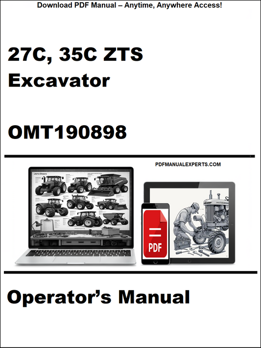 Operator's manual for 27C, 35C ZTS Excavator OMT190898 on a white background