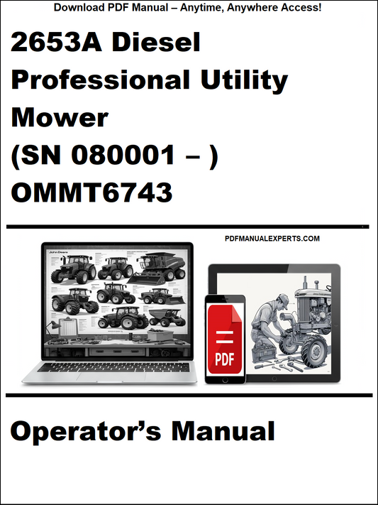 Cover of the 2653A Diesel Professional Utility Mower operator's manual with a laptop and toolbox graphic.