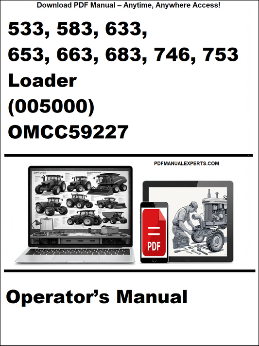 Operator's manual cover for a loader with technical illustrations and branding.