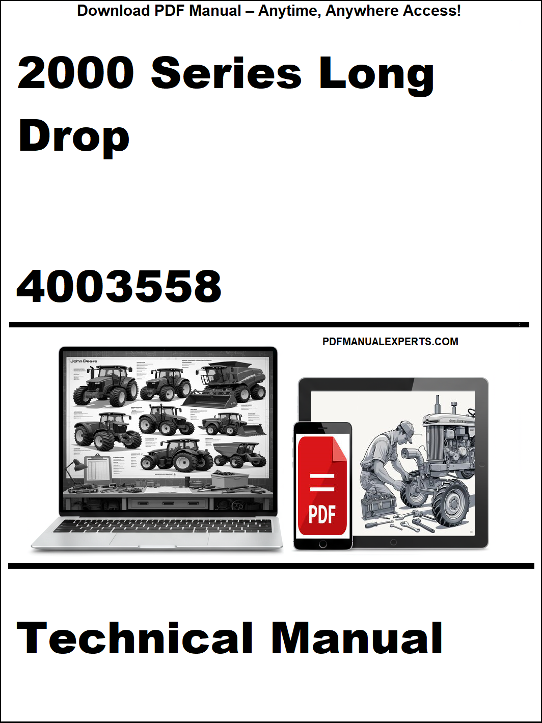 Technical manual cover for 2000 Series Long Drop with a laptop and tractor illustration on a white background.