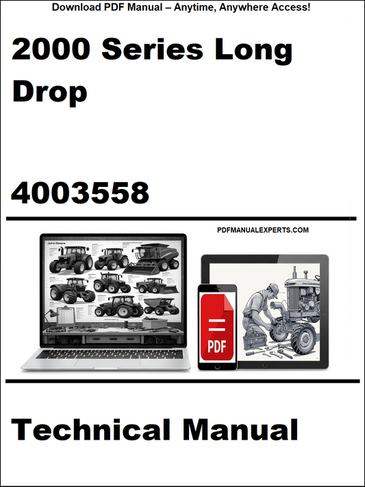 Technical manual cover for 2000 Series Long Drop with a laptop and tractor illustration on a white background.