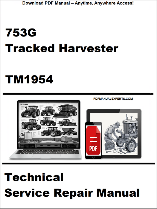 Technical service repair manual for 753G Tracked Harvester with PDF icon and laptop illustration.