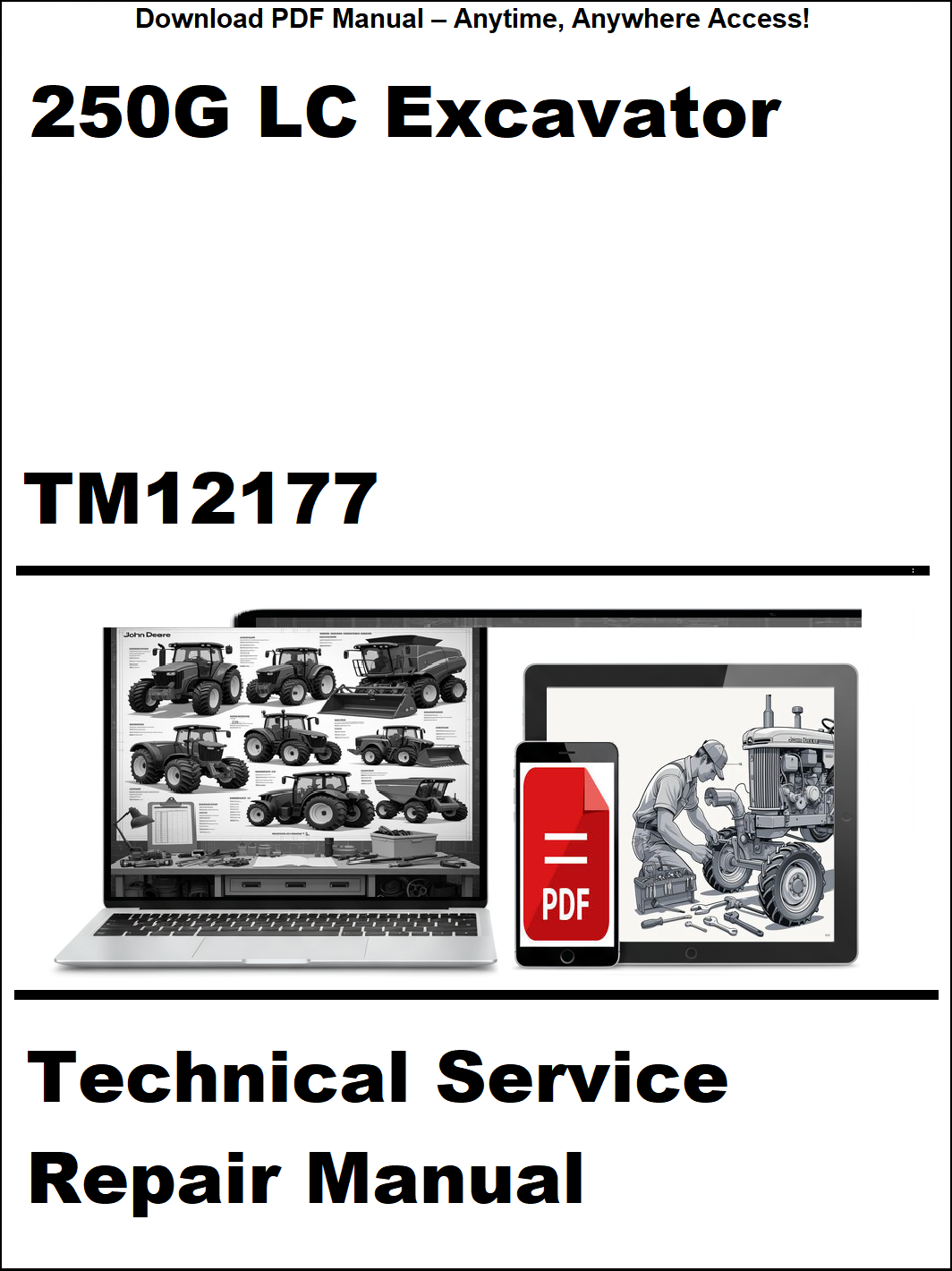 Technical service repair manual for 250G LC Excavator with a laptop and smartphone icon on a white background.