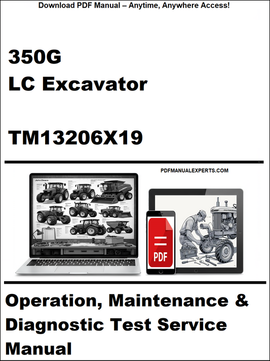 Cover of a technical manual for a 350G LC Excavator with a laptop and toolbox graphic.