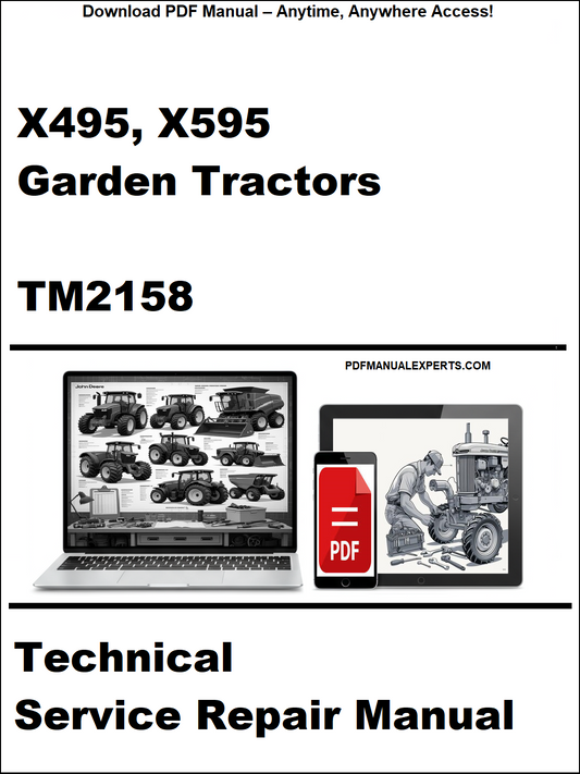Technical service repair manual for X495, X595 Garden Tractors with laptop and toolbox graphic on a white background.