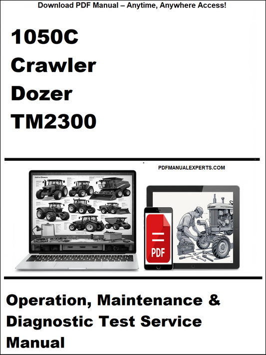 Manual for John Deere 1050C Crawler Dozer TM2300, featuring a laptop and smartphone with PDF icons.