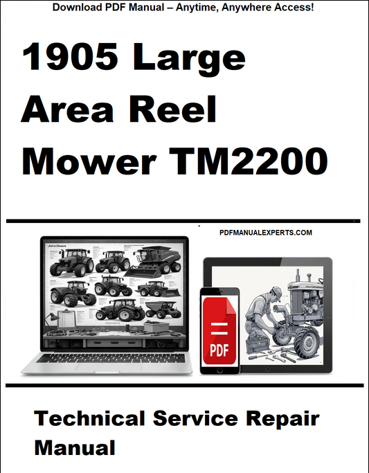 Cover of a technical service repair manual for a 1905 Large Area Reel Mower TM2200, featuring images of a laptop and a manual on a white background.