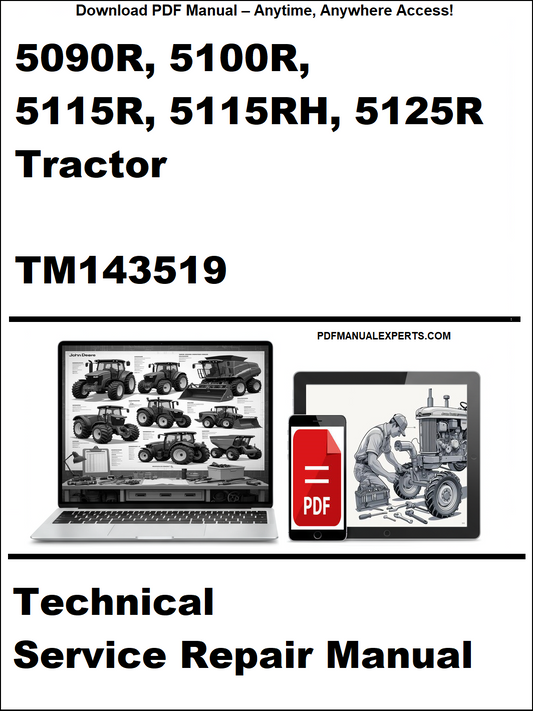 Technical service repair manual for tractors with a laptop and toolbox graphic on a white background