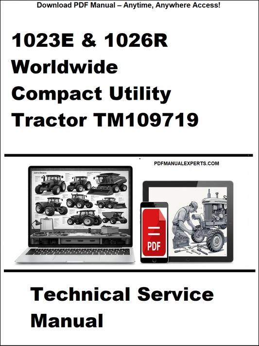 Technical service manual for John Deere 1023E and 1026R compact utility tractors on a white background.