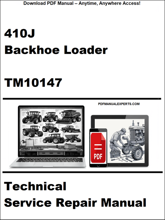 Technical service repair manual for John Deere 410J Backhoe Loader with laptop and toolbox graphic on a white background.