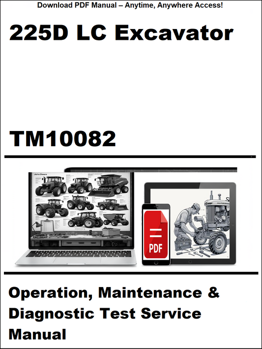Manual cover for 225D LC Excavator TM10082 with images of a computer screen and a person working on machinery.