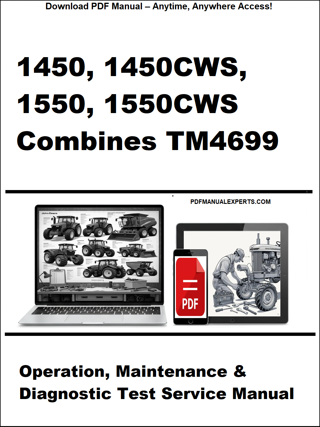 Manual cover for John Deere combines with laptop and smartphone graphics.