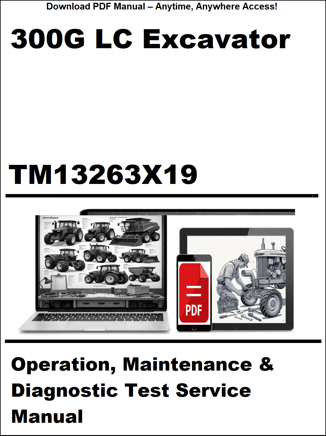 Manual cover for 300G LC Excavator operation, maintenance, and diagnostic test service manual with digital device icon.