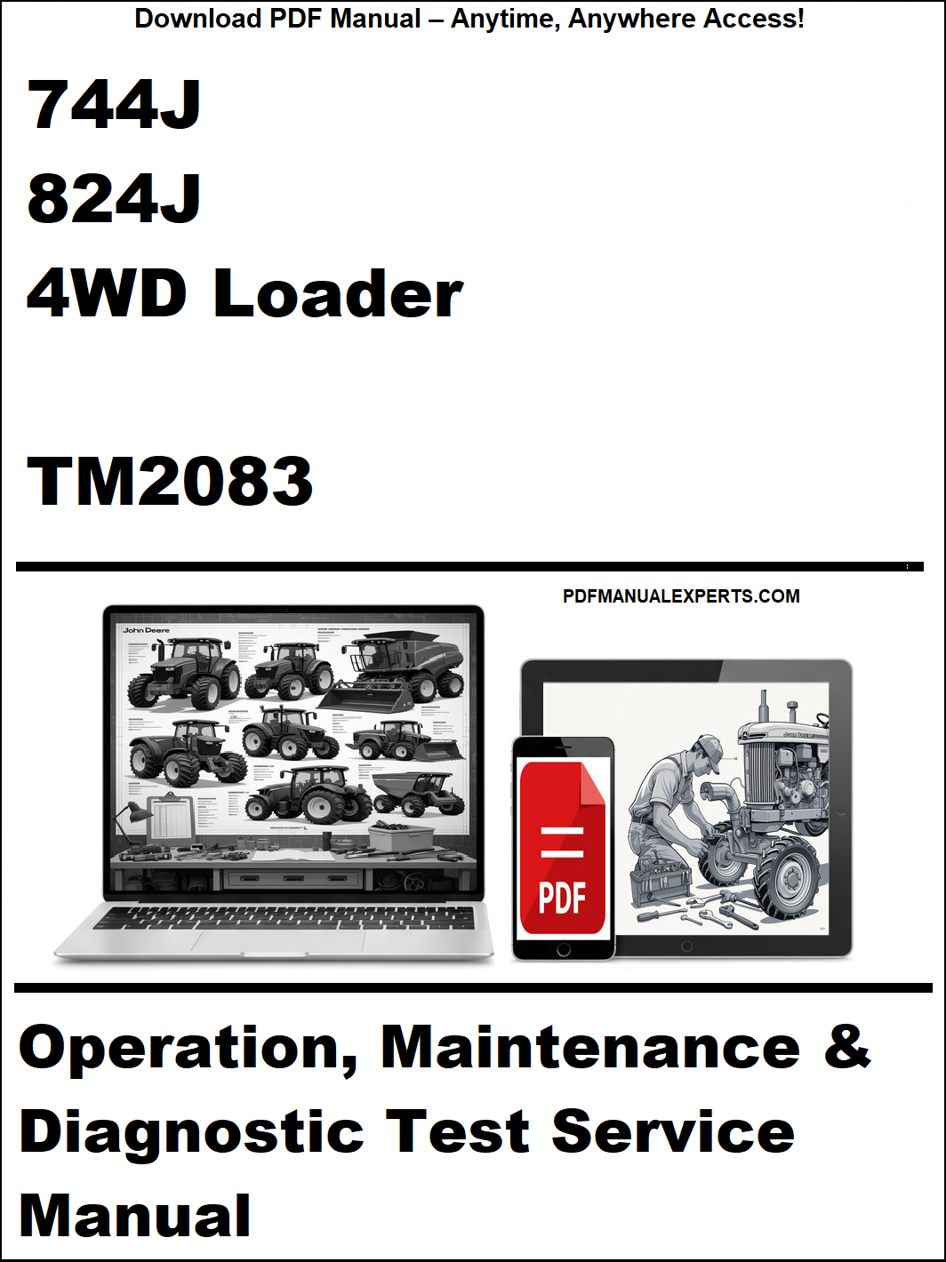 Manual cover for 744J, 824J 4WD Loader TM2083 with laptop and toolbox graphic.