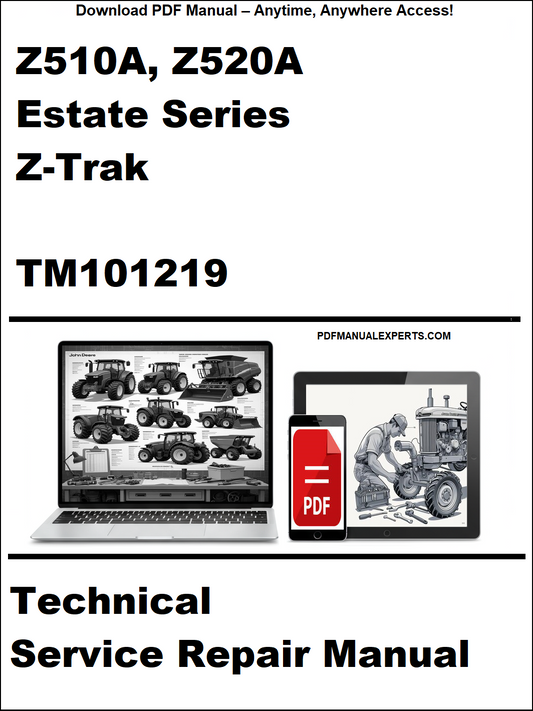 Technical service repair manual for Z510A, Z520A Estate Series Z-Trak with laptop and toolbox graphic on a white background.