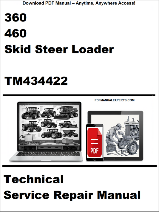 Technical service repair manual for John Deere 360 and 460 skid steer loaders, displayed on a white background with laptop and tablet icons.