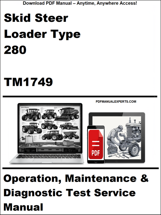 Cover of Skid Steer Loader Type 280 TM1749 manual with laptop and toolbox graphics.