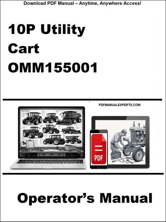 Operator's manual for a 10P Utility Cart OMM155001 with laptop and toolbox graphic on a white background.