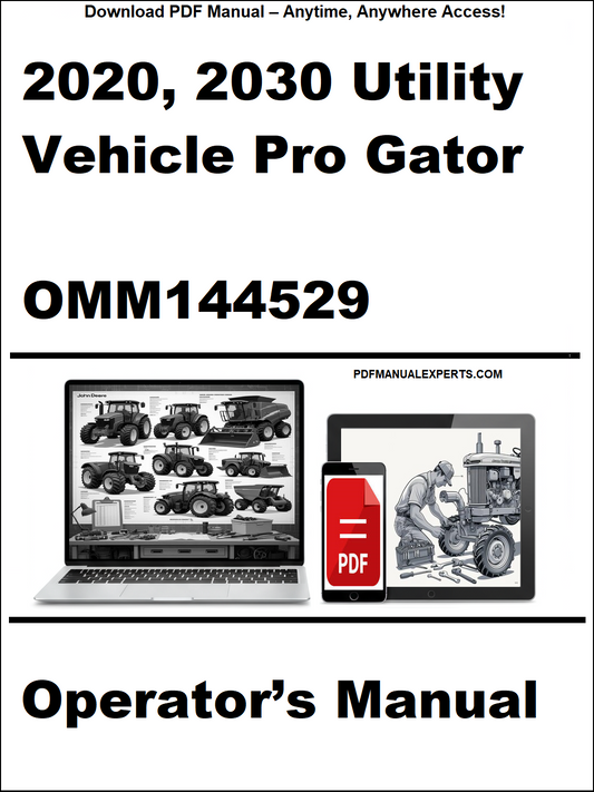 Cover of 2020, 2030 Utility Vehicle Pro Gator Operator's Manual with laptop and toolbox graphic.
