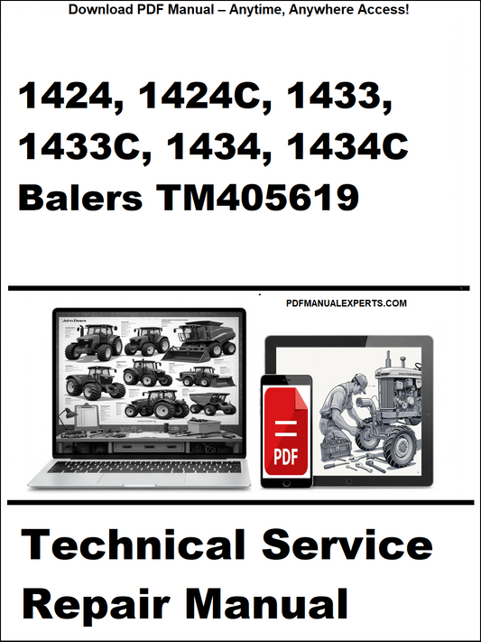 Technical service repair manual for balers with a laptop and toolbox graphic on a white background