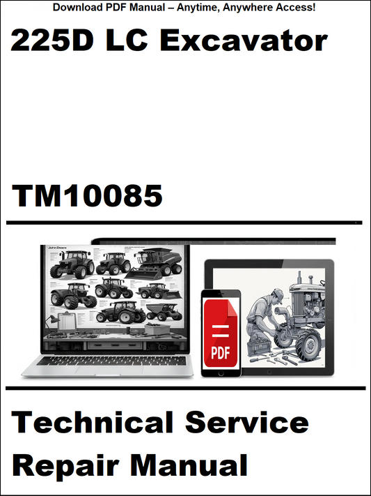 Technical service repair manual for 225D LC Excavator with digital device and laptop illustration on a white background.