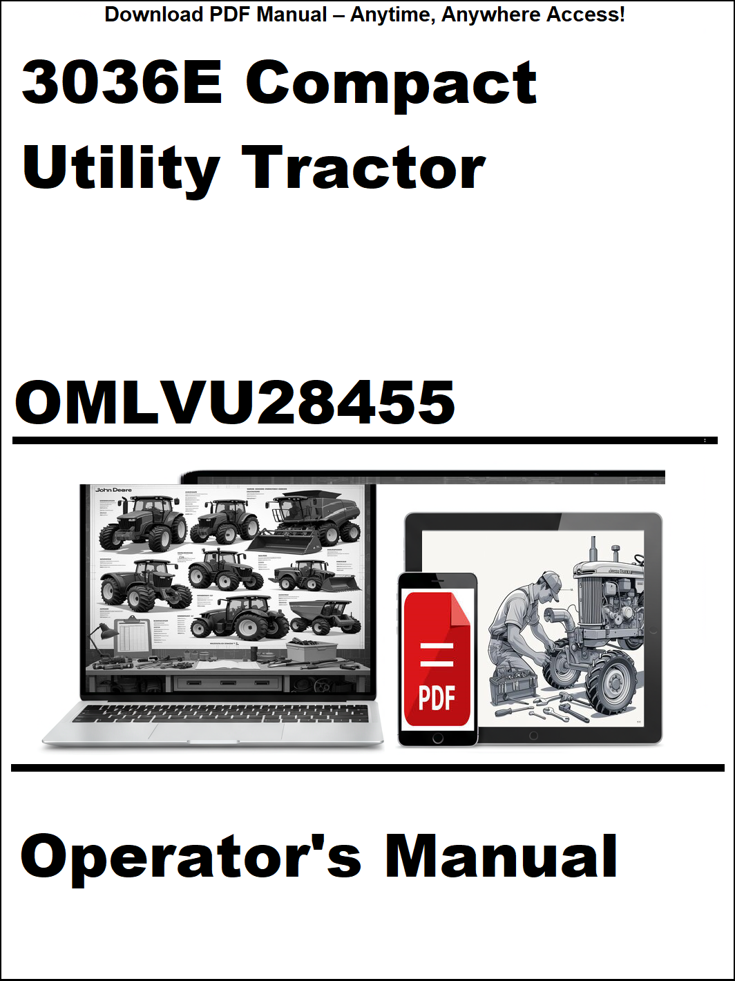 Operator's manual for 3036E Compact Utility Tractor with digital device icon on a white background
