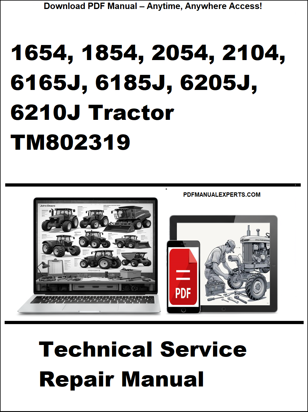 Technical service repair manual cover for John Deere tractors with laptop and toolbox graphics.