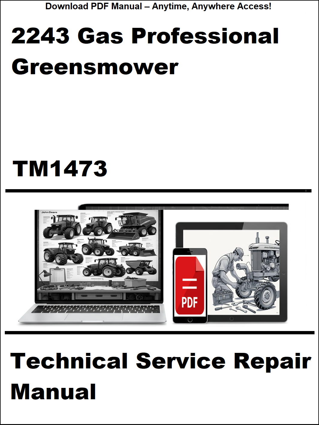 Technical service repair manual for a gas professional greensmower with a laptop and smartphone icon on a white background.