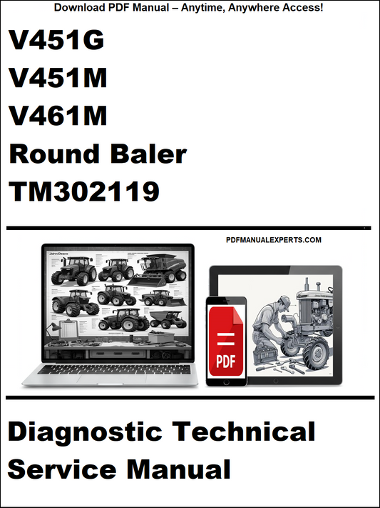Advertisement for diagnostic technical service manual for round baler models V451G, V451M, V461M with PDF icon and website text.