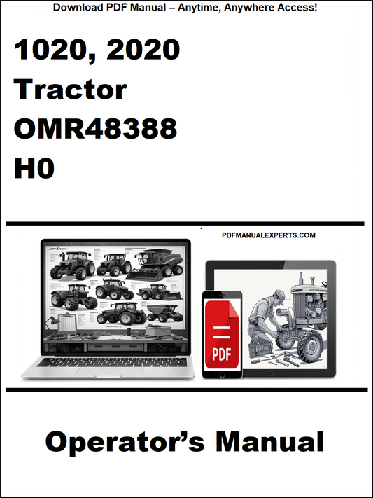 Operator's manual for a tractor model 1020, 2020 with a laptop and smartphone displaying the document.