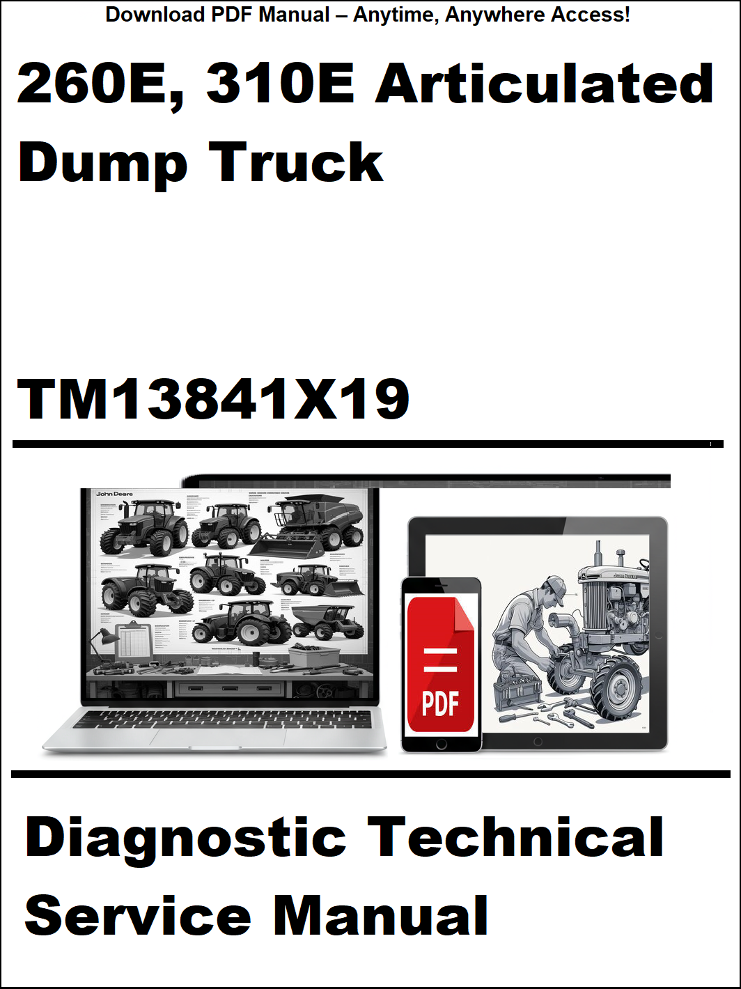 Cover of a diagnostic technical service manual for 260E and 310E articulated dump trucks, featuring images of trucks and a computer screen with a PDF icon.